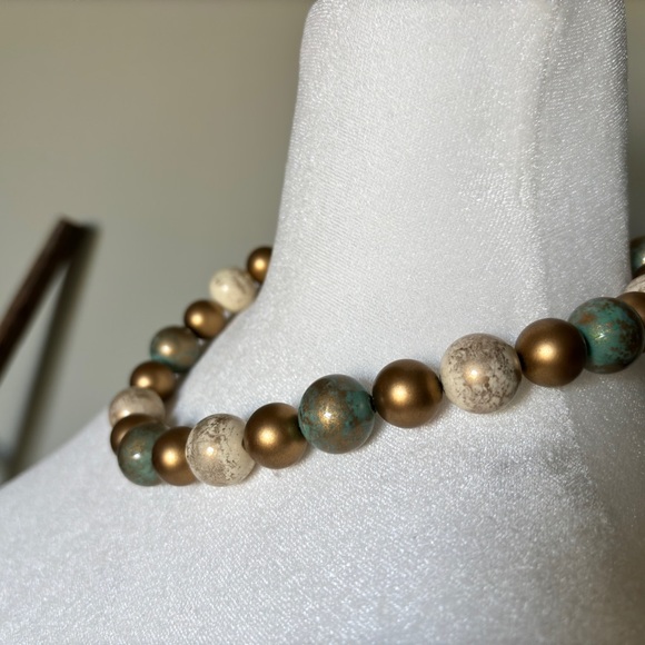 Chunky Wooden Bead Necklace with Gold and Turquoise Accents - Picture 4 of 8